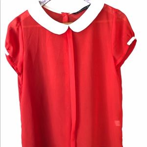 Zara Red Sheer Collared Blouse Short Sl Sz Med